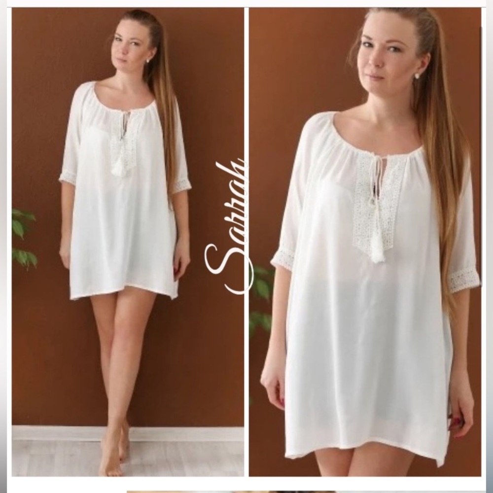 White Crochet detailed Long Tunic Top Dress Beach Dress Off Shoulder Dress Top